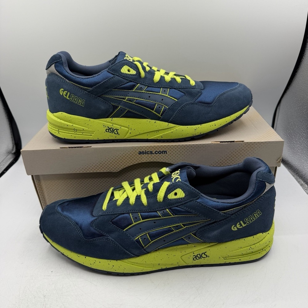 Asics Gel Saga Shoes Mens Sz 10.5 Navy Lime Green‎ Athletic Sneakers H137K-5151